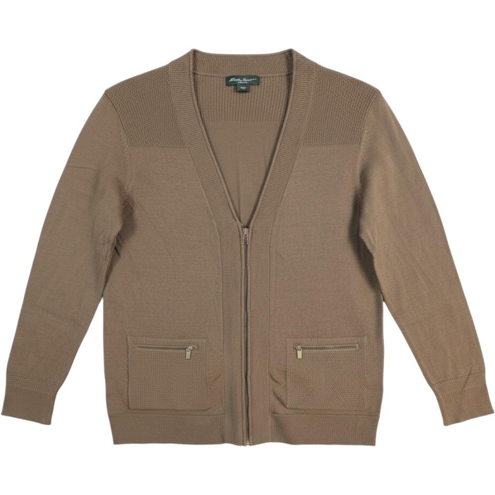 Eddie Bauer Full Zip Cardigan Womens M Khaki Brown Textured Knit V-Neck‎ Sweater